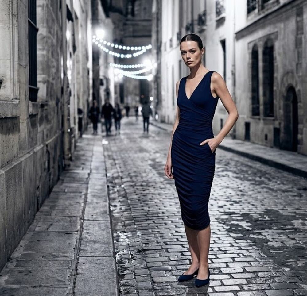 Alice + Olivia AIR Navy Blue Ruched V-Neck Midi Bodycon Dress Size 6 ✨